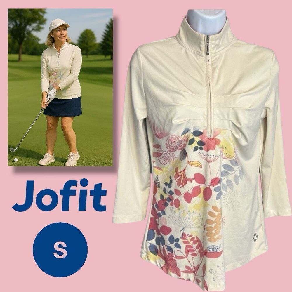 Jofit Top Women Small Cream Half Zip Floral Print Long Sleeve Outdoor Activewear